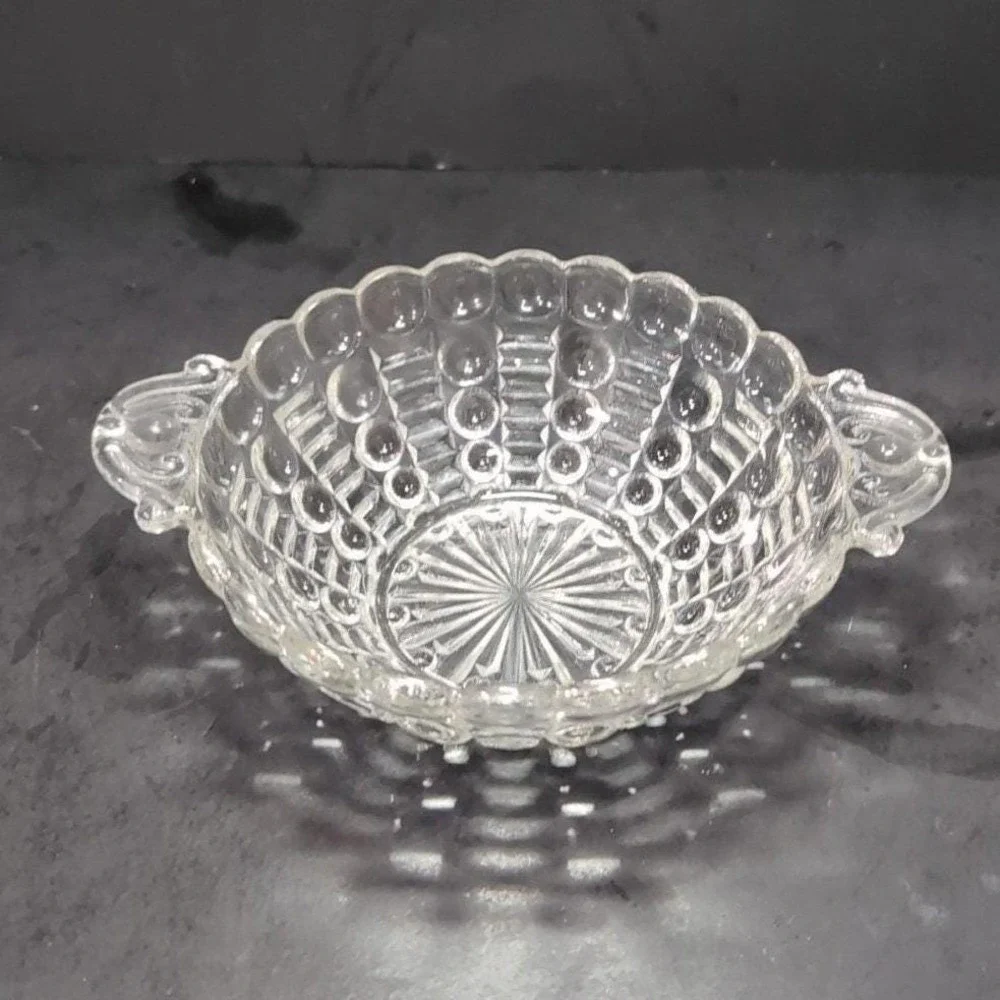 Anchor‎ Hocking Clear Bubble Glass Dish, Vintage Tab-Handle Centerpiece Bowl